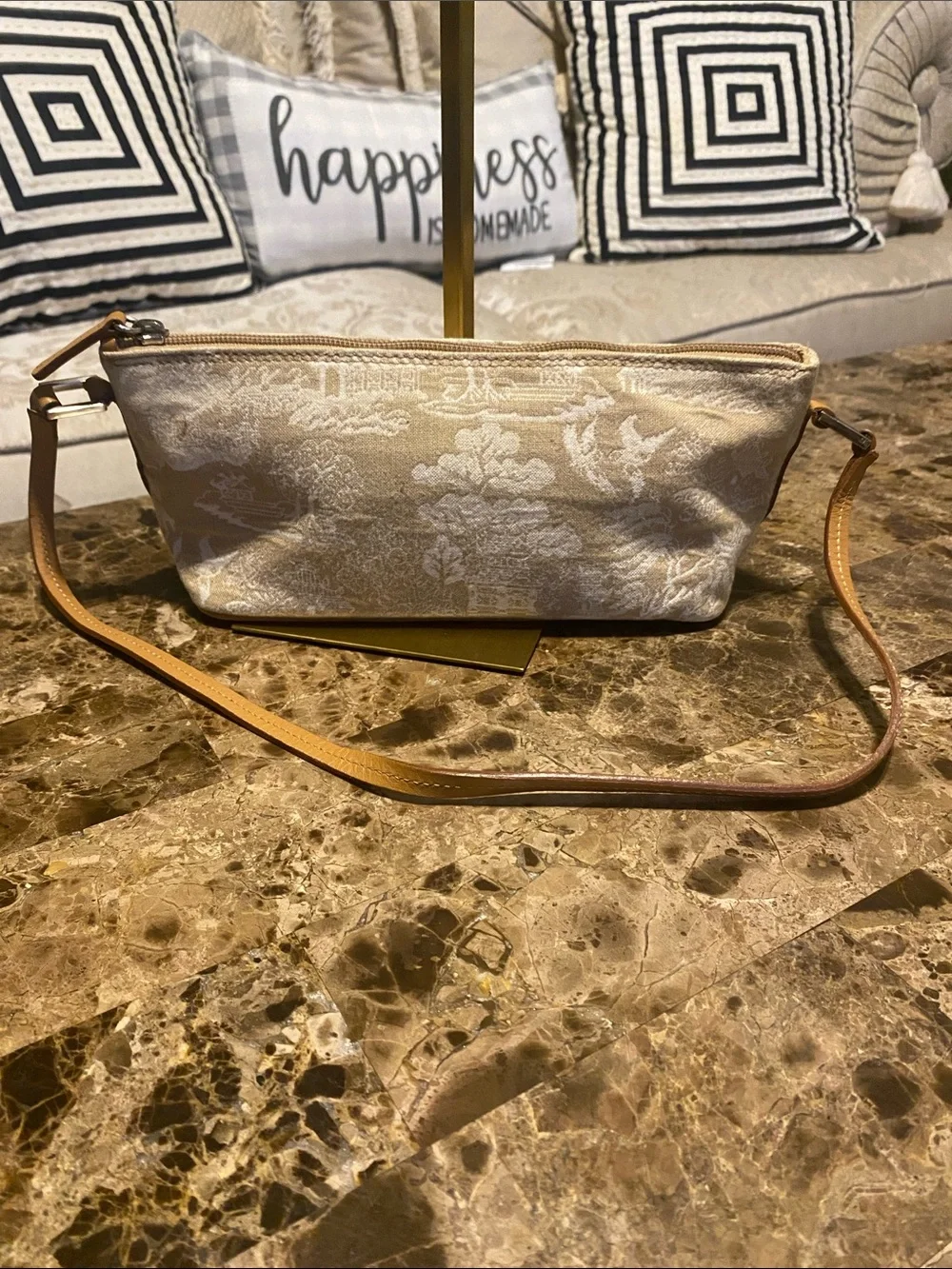 Talbots Cream Jacquard Crossbody with Tan Strap